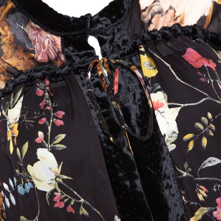 مملوكة مسبقًا Roberto Cavalli Black Floral Print Silk Sheer Blouse L