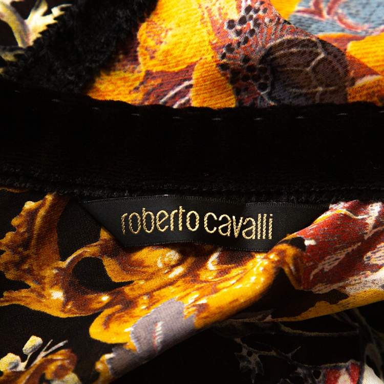 مملوكة مسبقًا Roberto Cavalli Black Floral Print Silk Sheer Blouse L