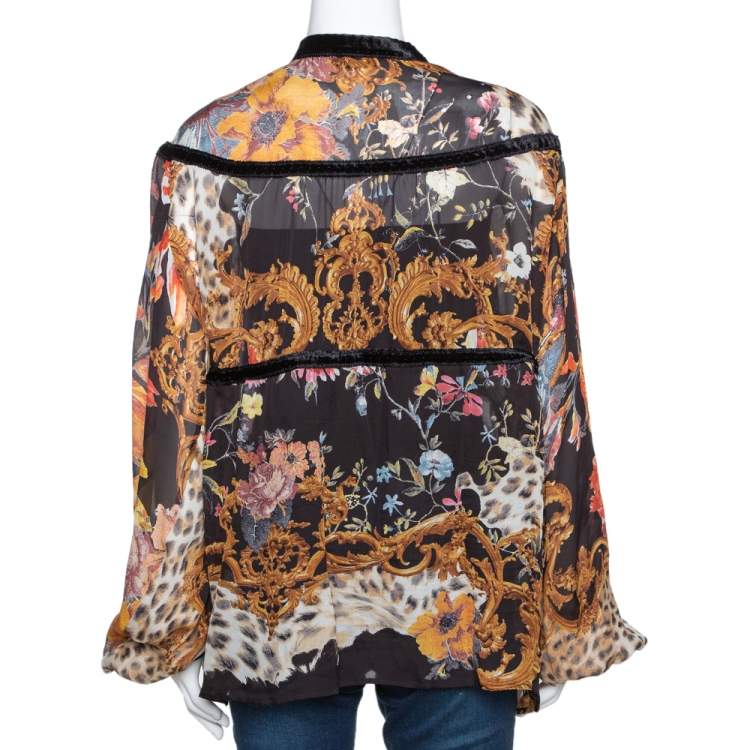 مملوكة مسبقًا Roberto Cavalli Black Floral Print Silk Sheer Blouse L