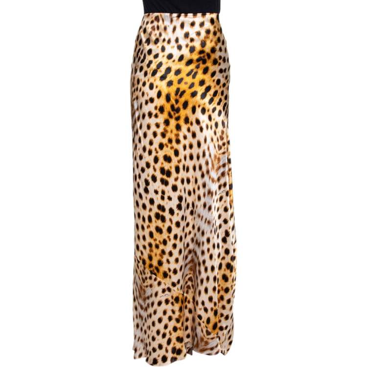 Pre Owned Roberto Cavalli Beige Satin Leopard Print Maxi Skirt L 