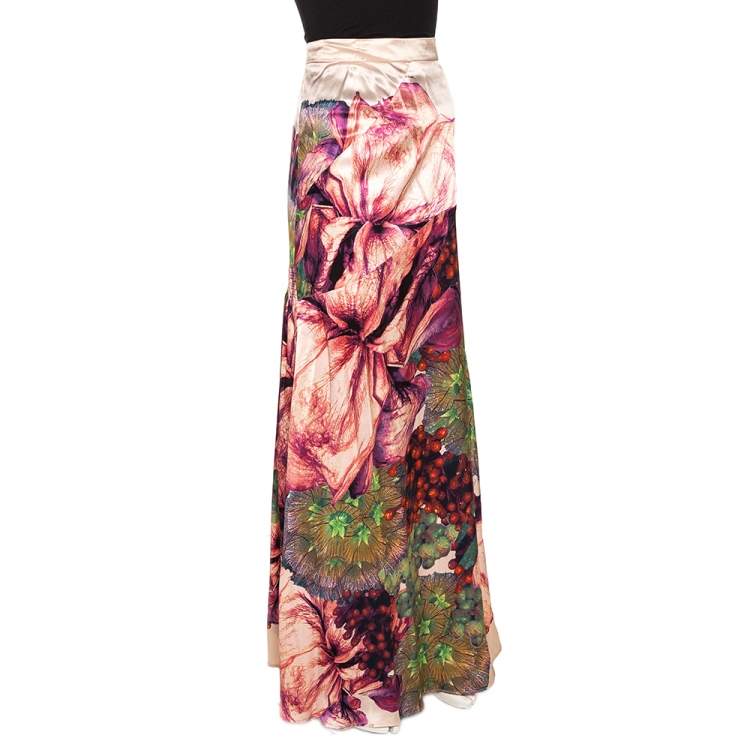 Pre Owned Roberto Cavalli Pink Macro Floral Printed Silk Satin Maxi Skirt L 