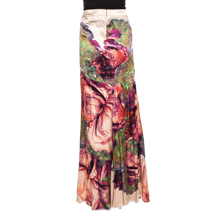 Pre Owned Roberto Cavalli Pink Macro Floral Printed Silk Satin Maxi Skirt L 