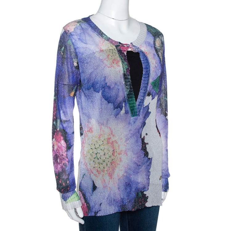 Pre Owned Roberto Cavalli Blue Printed Lurex Knit Sheer Top M