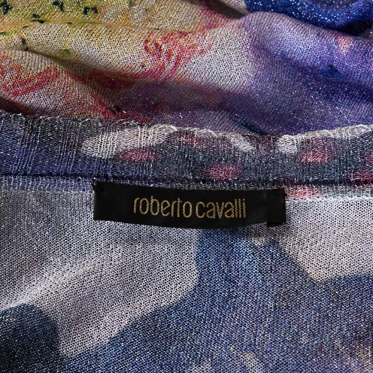Pre Owned Roberto Cavalli Blue Printed Lurex Knit Sheer Top M