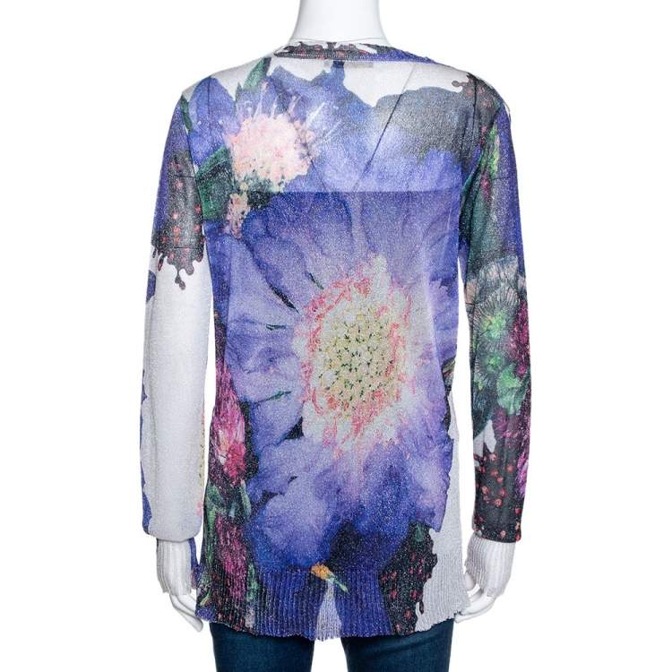 Pre Owned Roberto Cavalli Blue Printed Lurex Knit Sheer Top M