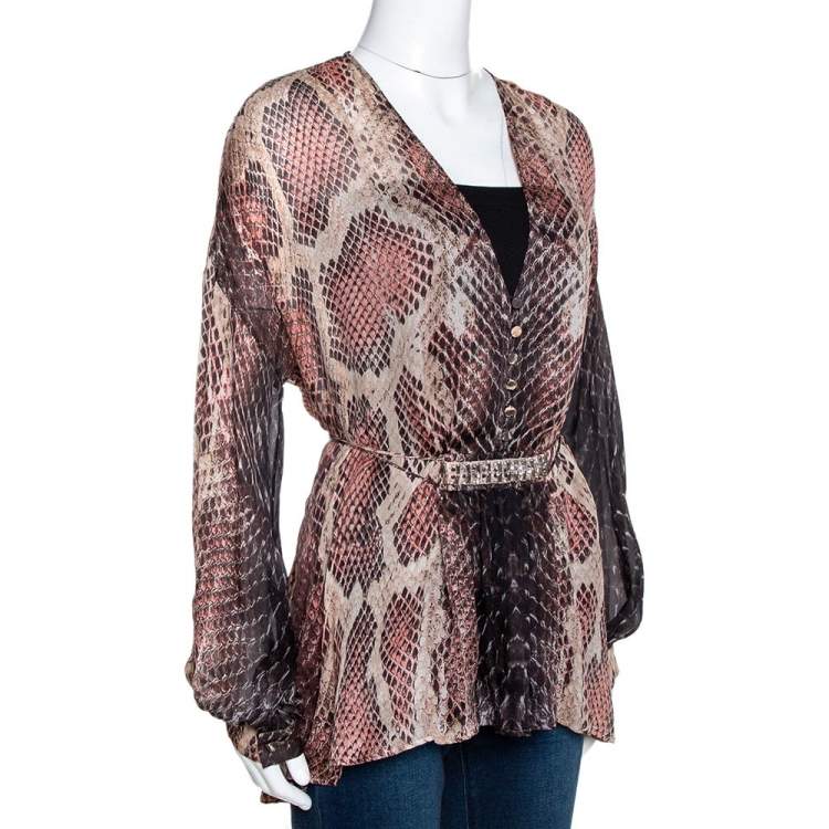 Pre Owned Roberto Cavalli Multicolor Animal Print Silk Embellished Sheer Blouse S