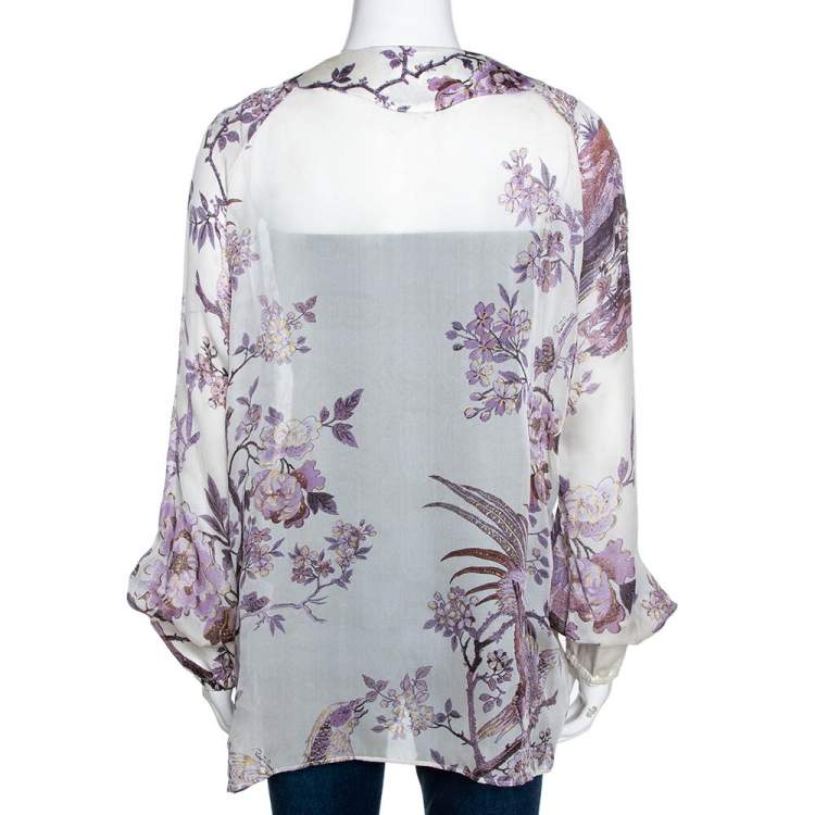 Pre Owned Roberto Cavalli Purple Floral Shimmer Print Silk Sheer Blouse L