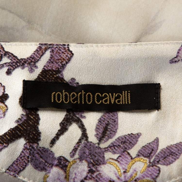 Pre Owned Roberto Cavalli Purple Floral Shimmer Print Silk Sheer Blouse L