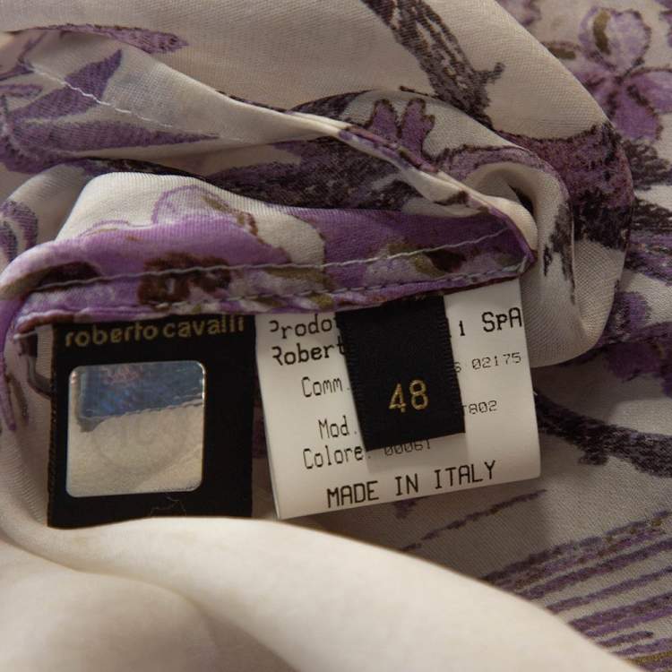 Pre Owned Roberto Cavalli Purple Floral Shimmer Print Silk Sheer Blouse L