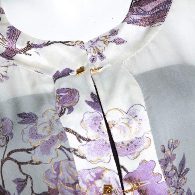 Pre Owned Roberto Cavalli Purple Floral Shimmer Print Silk Sheer Blouse L
