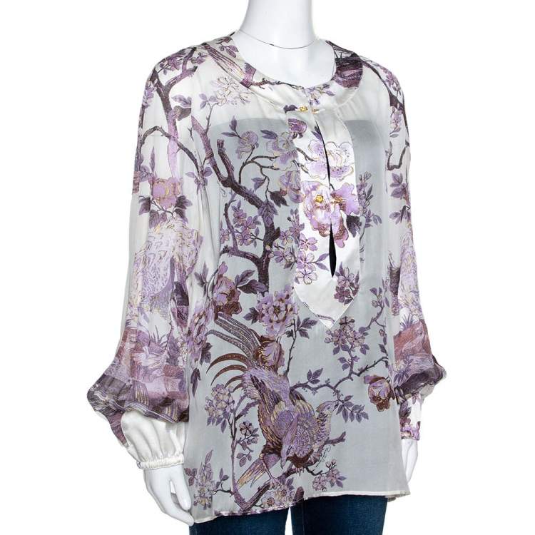 Pre Owned Roberto Cavalli Purple Floral Shimmer Print Silk Sheer Blouse L