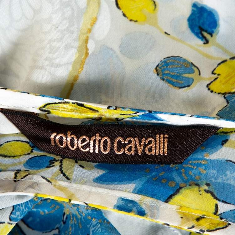 Pre Owned Roberto Cavalli Blue & White Floral Print Silk Sheer Kaftan Top M
