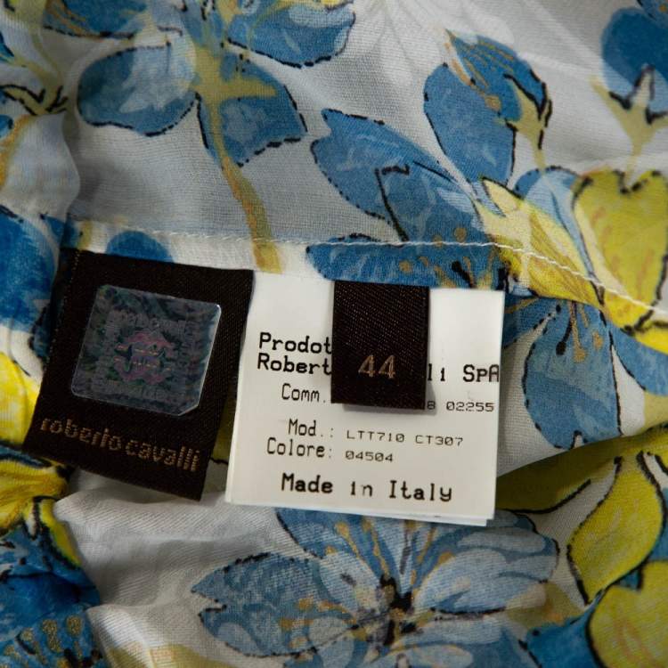 Pre Owned Roberto Cavalli Blue & White Floral Print Silk Sheer Kaftan Top M
