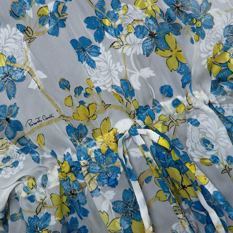 Pre Owned Roberto Cavalli Blue & White Floral Print Silk Sheer Kaftan Top M