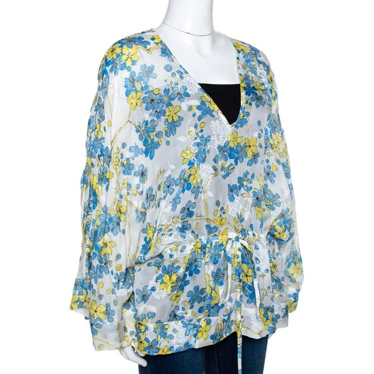 Pre Owned Roberto Cavalli Blue & White Floral Print Silk Sheer Kaftan Top M