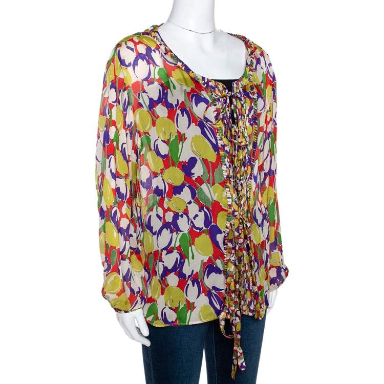 Pre Owned Roberto Cavalli Multicolor Tulip Print Silk Sheer Blouse M