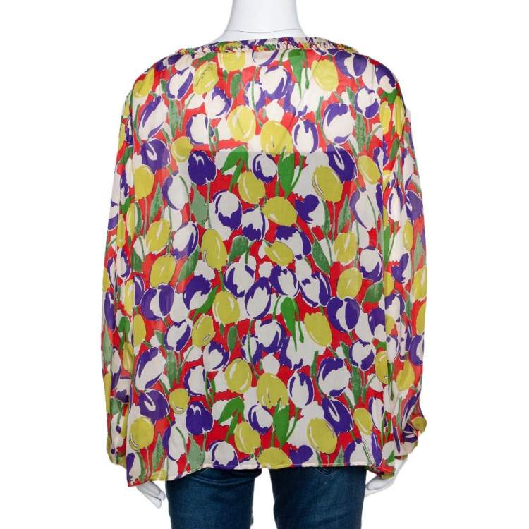 Pre Owned Roberto Cavalli Multicolor Tulip Print Silk Sheer Blouse M