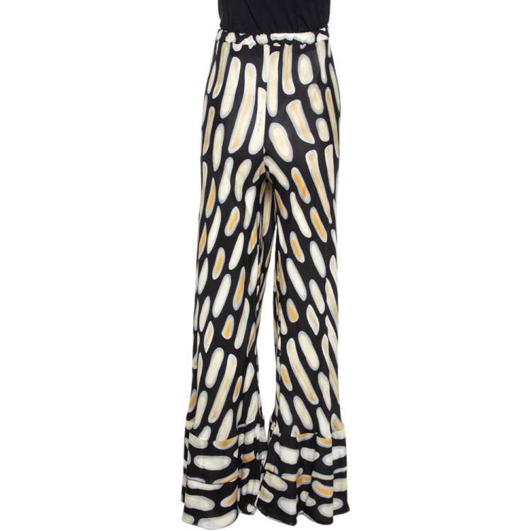 Pre Owned Roberto Cavalli Black Printed Silk Ruffled Hem Flared Pants M
