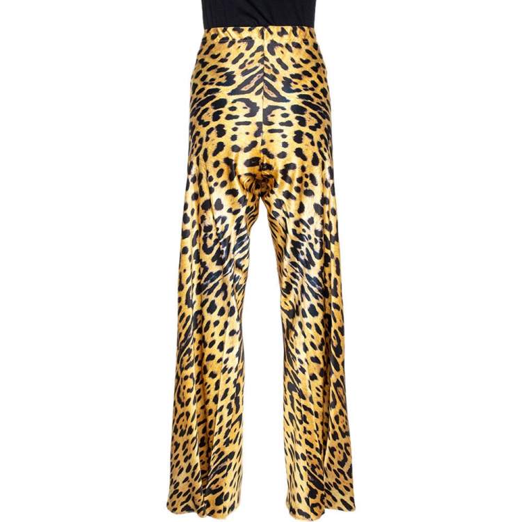 Pre Owned Roberto Cavalli Yellow Leopard Print Silk Flared Pants L