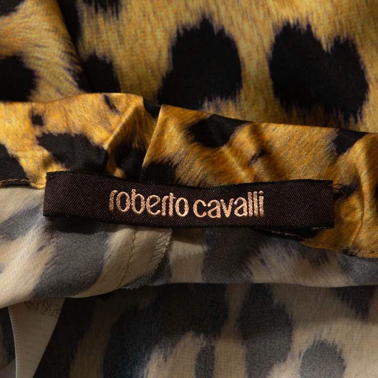 Pre Owned Roberto Cavalli Yellow Leopard Print Silk Flared Pants L