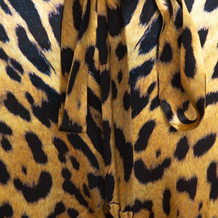 Pre Owned Roberto Cavalli Yellow Leopard Print Silk Flared Pants L