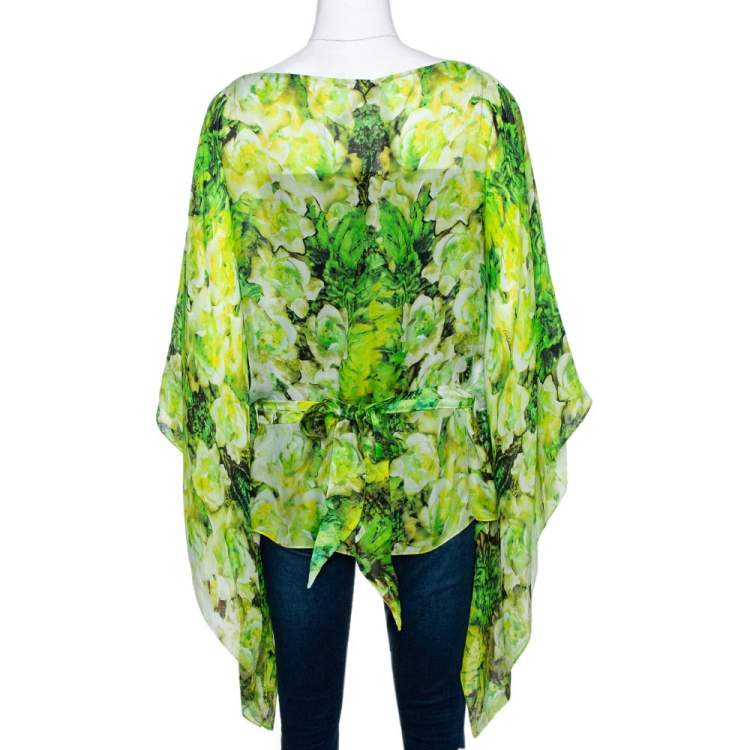 Pre Owned Roberto Cavalli Green Abstract Print Silk Belted Kaftan Top M