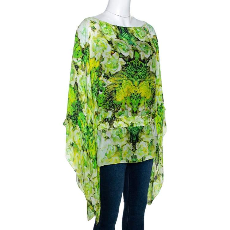 Pre Owned Roberto Cavalli Green Abstract Print Silk Belted Kaftan Top M