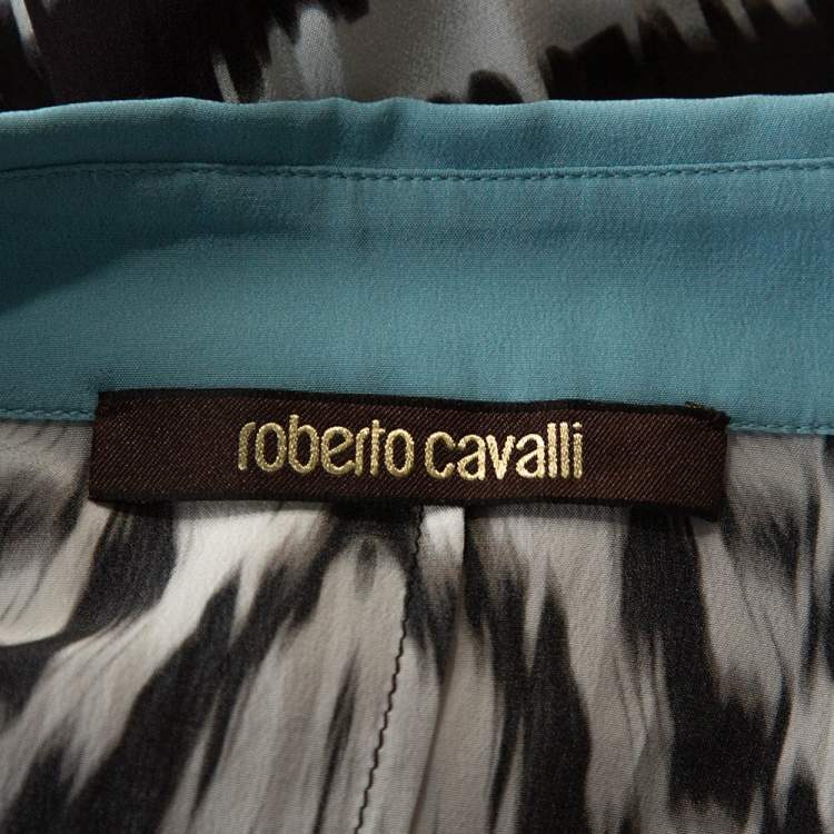 مملوكة مسبقًا Roberto Cavalli Monochrome Stripe Print Silk Dolman Sleeve Blouse L