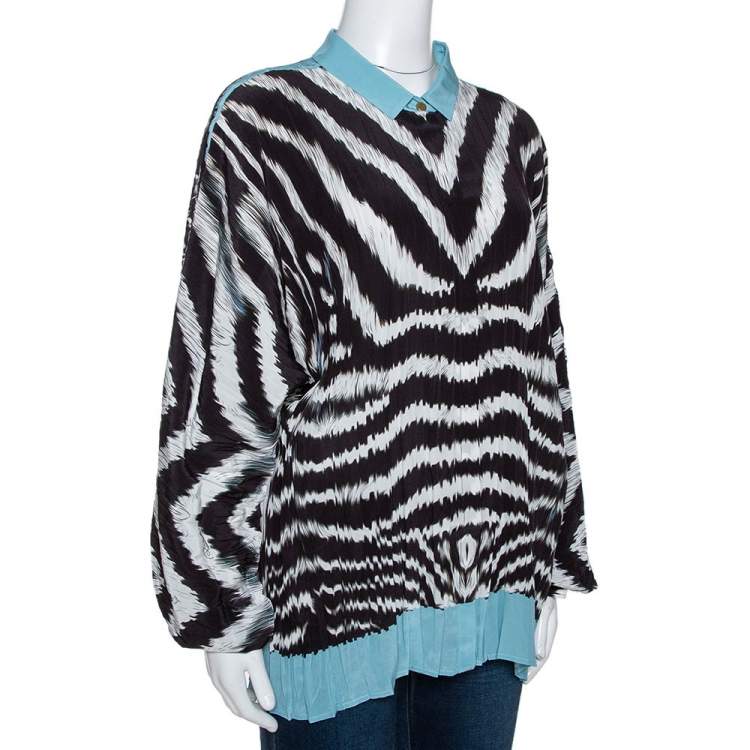 مملوكة مسبقًا Roberto Cavalli Monochrome Stripe Print Silk Dolman Sleeve Blouse L
