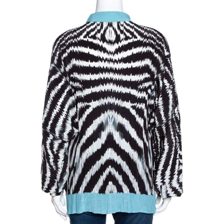 مملوكة مسبقًا Roberto Cavalli Monochrome Stripe Print Silk Dolman Sleeve Blouse L