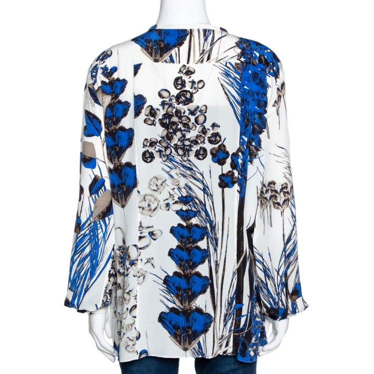 Pre Owned Roberto Cavalli Blue Leaf Print Silk Button Front Blouse L