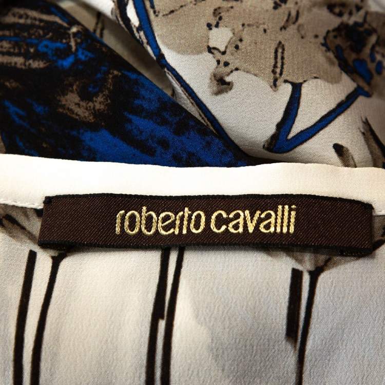 Pre Owned Roberto Cavalli Blue Leaf Print Silk Button Front Blouse L