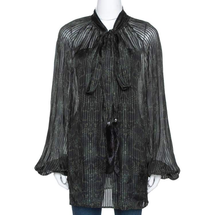Pre Owned Roberto Cavalli Dark Green Printed Silk Fur Tie Detail Sheer Blouse L