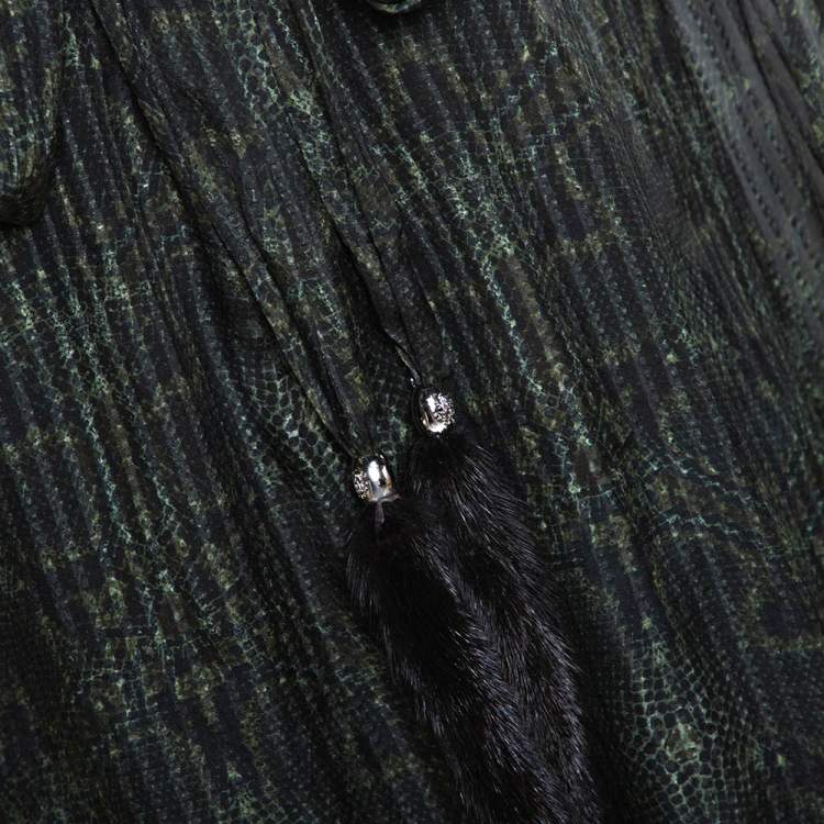 Pre Owned Roberto Cavalli Dark Green Printed Silk Fur Tie Detail Sheer Blouse L