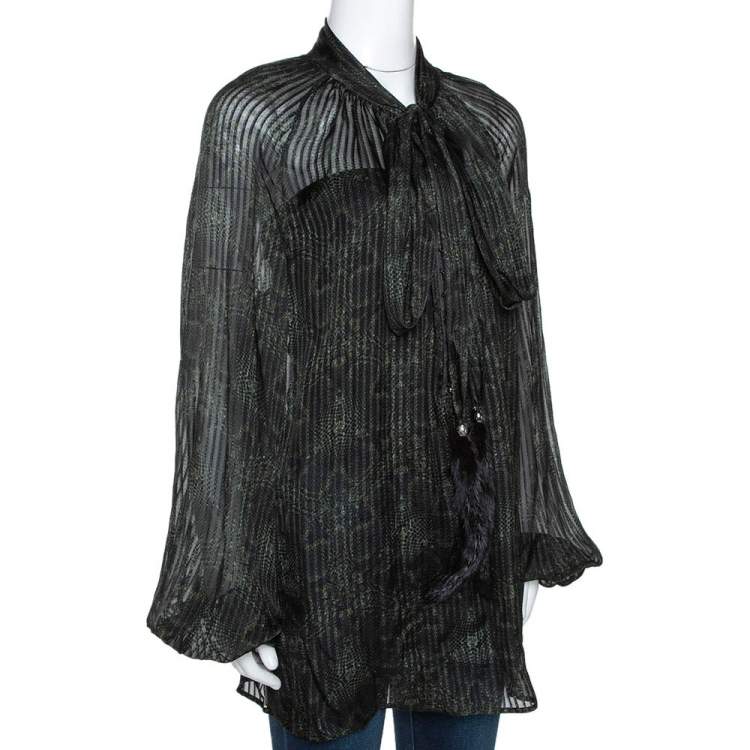 Pre Owned Roberto Cavalli Dark Green Printed Silk Fur Tie Detail Sheer Blouse L