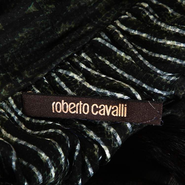 Pre Owned Roberto Cavalli Dark Green Printed Silk Fur Tie Detail Sheer Blouse L