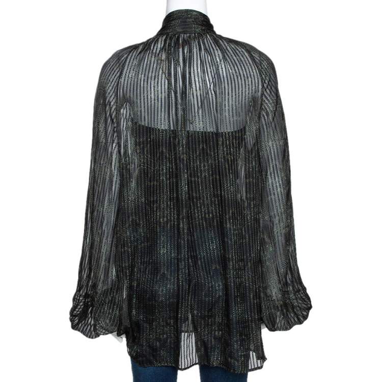 Pre Owned Roberto Cavalli Dark Green Printed Silk Fur Tie Detail Sheer Blouse L