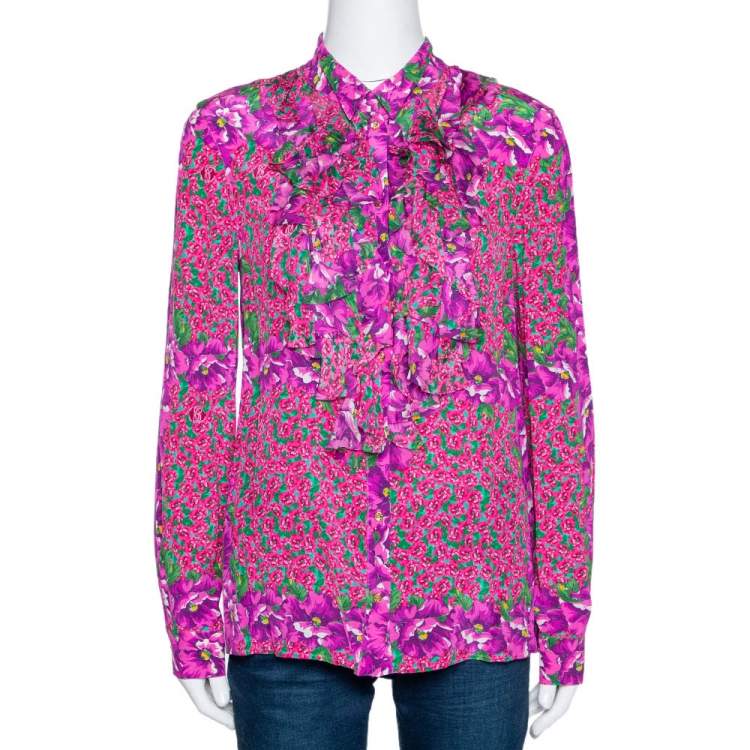 مملوكة مسبقًا Roberto Cavalli Pink Floral Print Silk Ruffled Blouse M