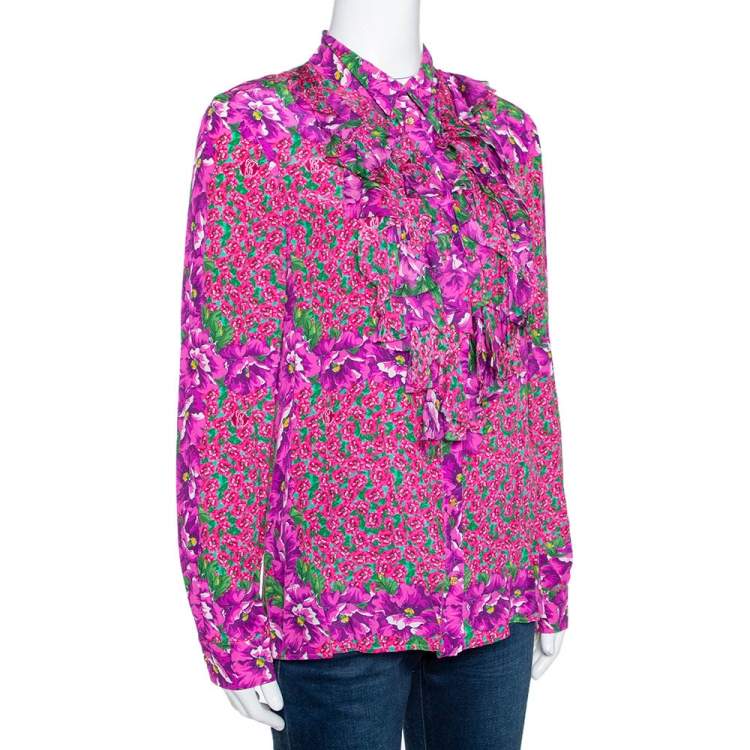 مملوكة مسبقًا Roberto Cavalli Pink Floral Print Silk Ruffled Blouse M