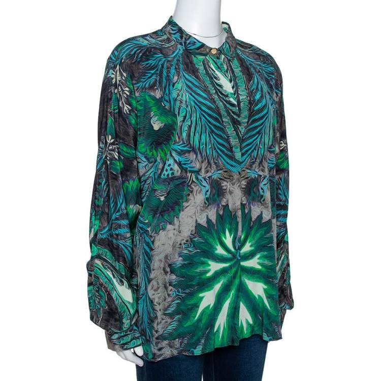 Pre Owned Roberto Cavalli Green Abstract Print Silk Dolman Sleeve Blouse L