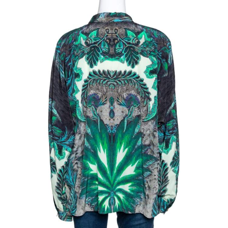 Pre Owned Roberto Cavalli Green Abstract Print Silk Dolman Sleeve Blouse L