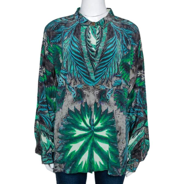 Pre Owned Roberto Cavalli Green Abstract Print Silk Dolman Sleeve Blouse L