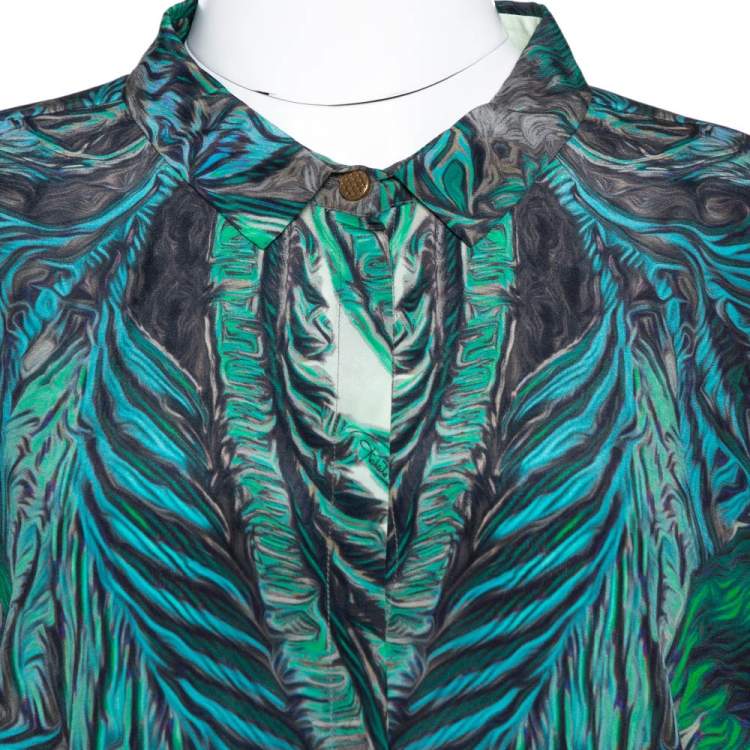 Pre Owned Roberto Cavalli Green Abstract Print Silk Dolman Sleeve Blouse L