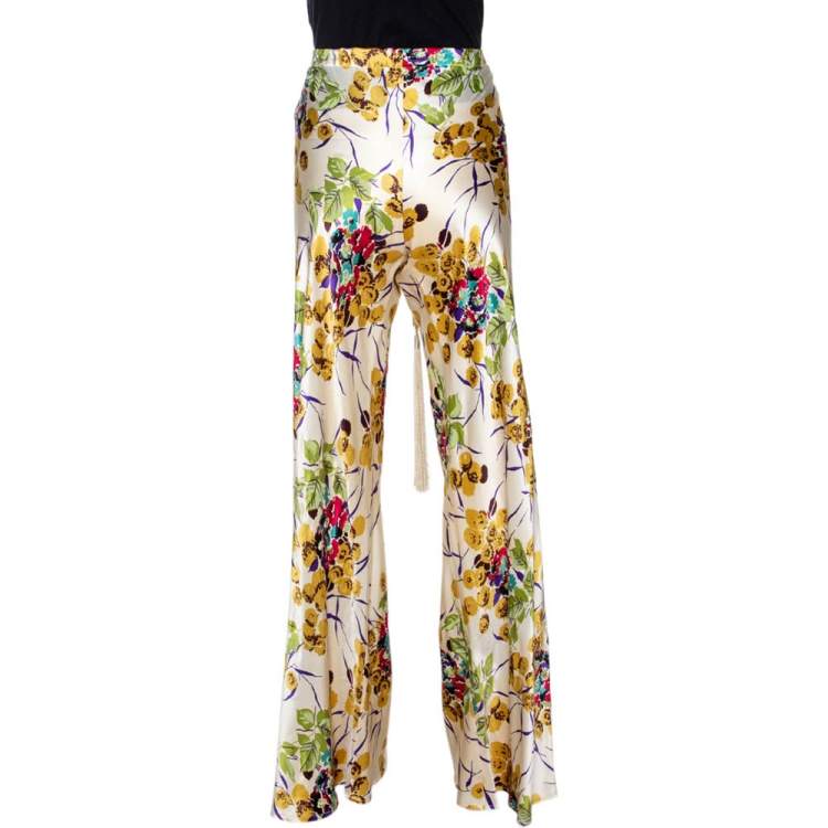 Pre Owned Roberto Cavalli Cream Floral Shimmer Print Silk Flared Pants M