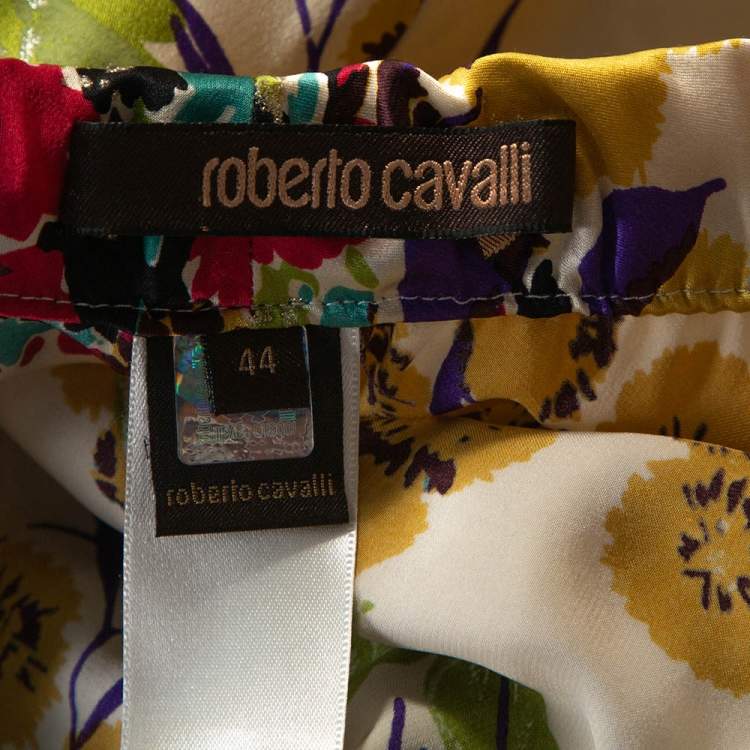 Pre Owned Roberto Cavalli Cream Floral Shimmer Print Silk Flared Pants M