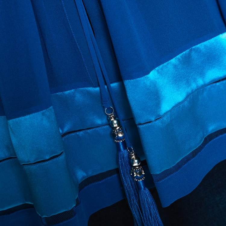 Pre Owned Roberto Cavalli Blue Silk Tiered Satin Hem Sheer Blouse M