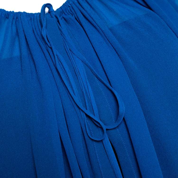 Pre Owned Roberto Cavalli Blue Silk Tiered Satin Hem Sheer Blouse M