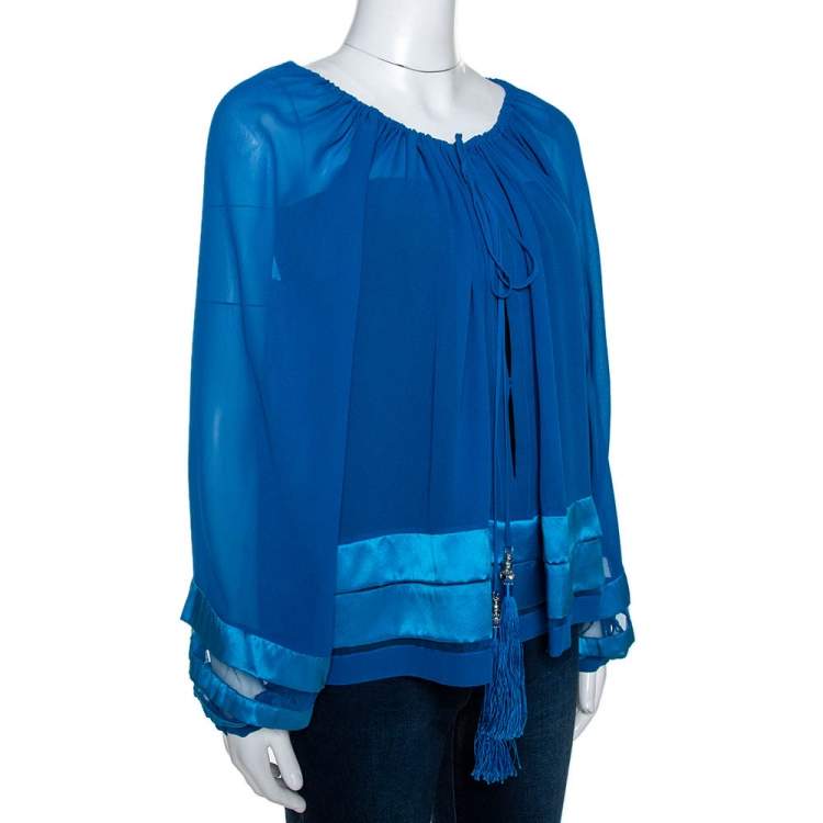 Pre Owned Roberto Cavalli Blue Silk Tiered Satin Hem Sheer Blouse M