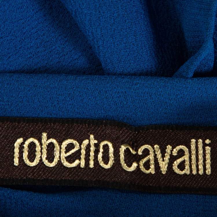 Pre Owned Roberto Cavalli Blue Silk Tiered Satin Hem Sheer Blouse M