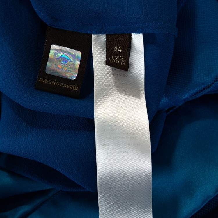 Pre Owned Roberto Cavalli Blue Silk Tiered Satin Hem Sheer Blouse M